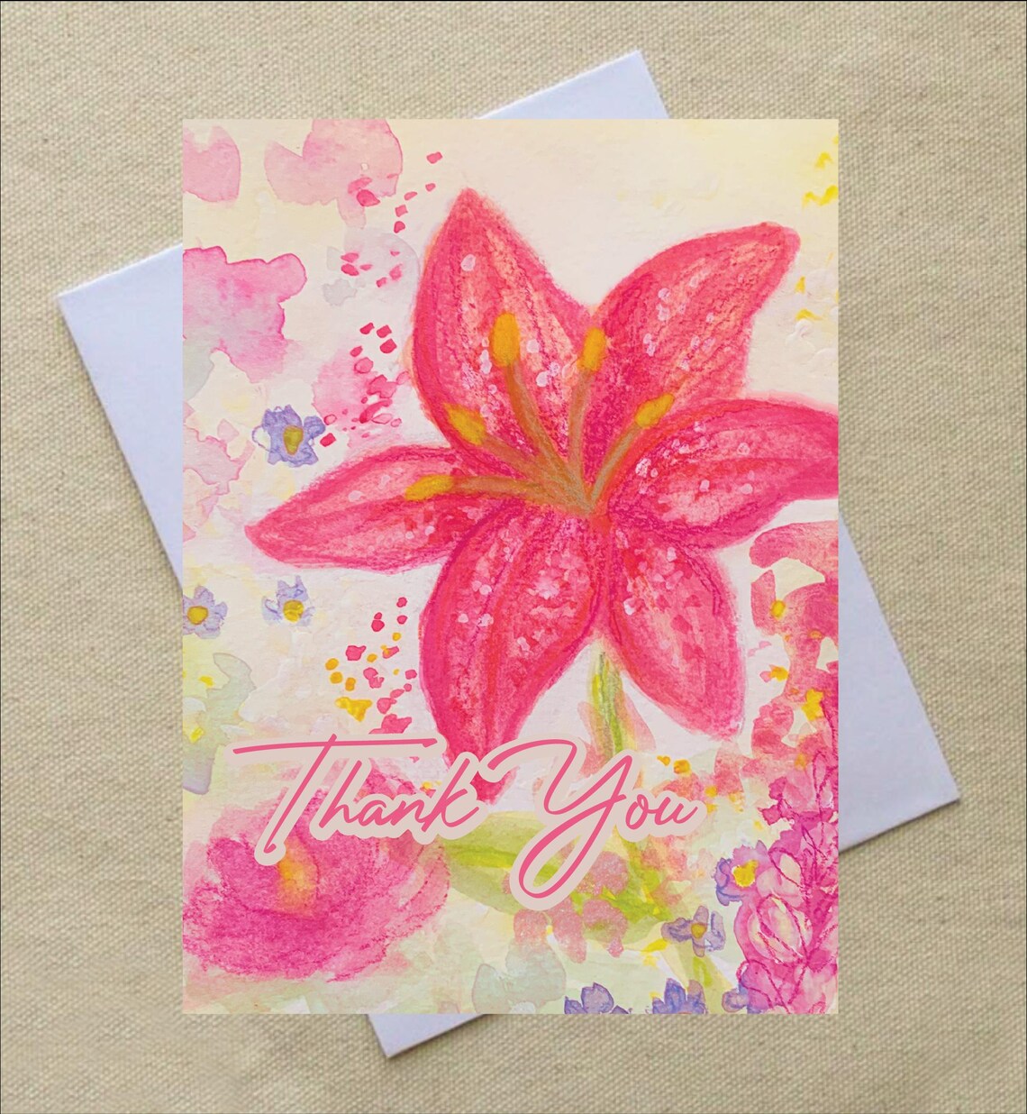 Pink Lily Thank You Card – Watercolor Floral Greeting Card – Elegant ...