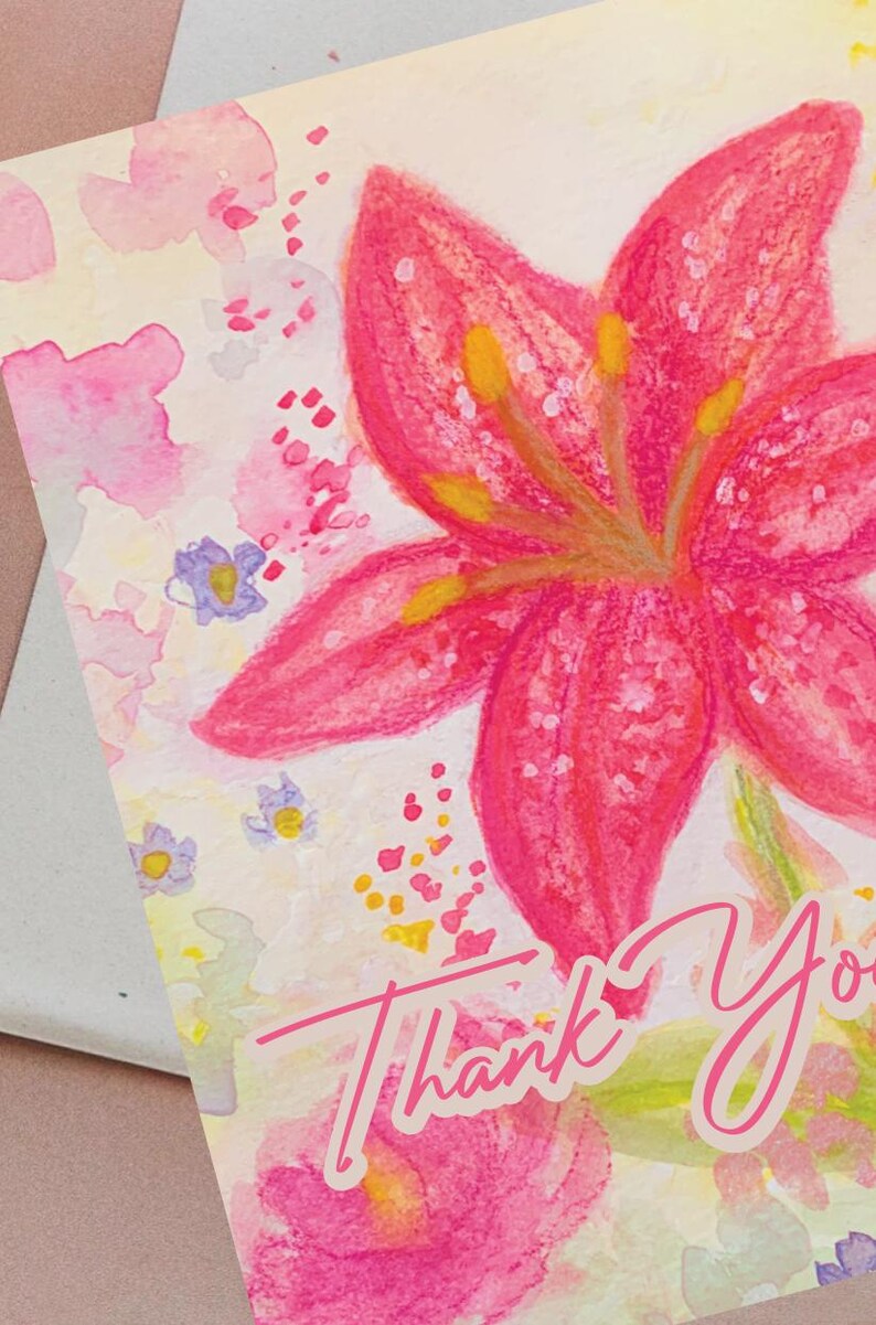 Pink Lily Thank You Card – Watercolor Floral Greeting Card – Elegant ...