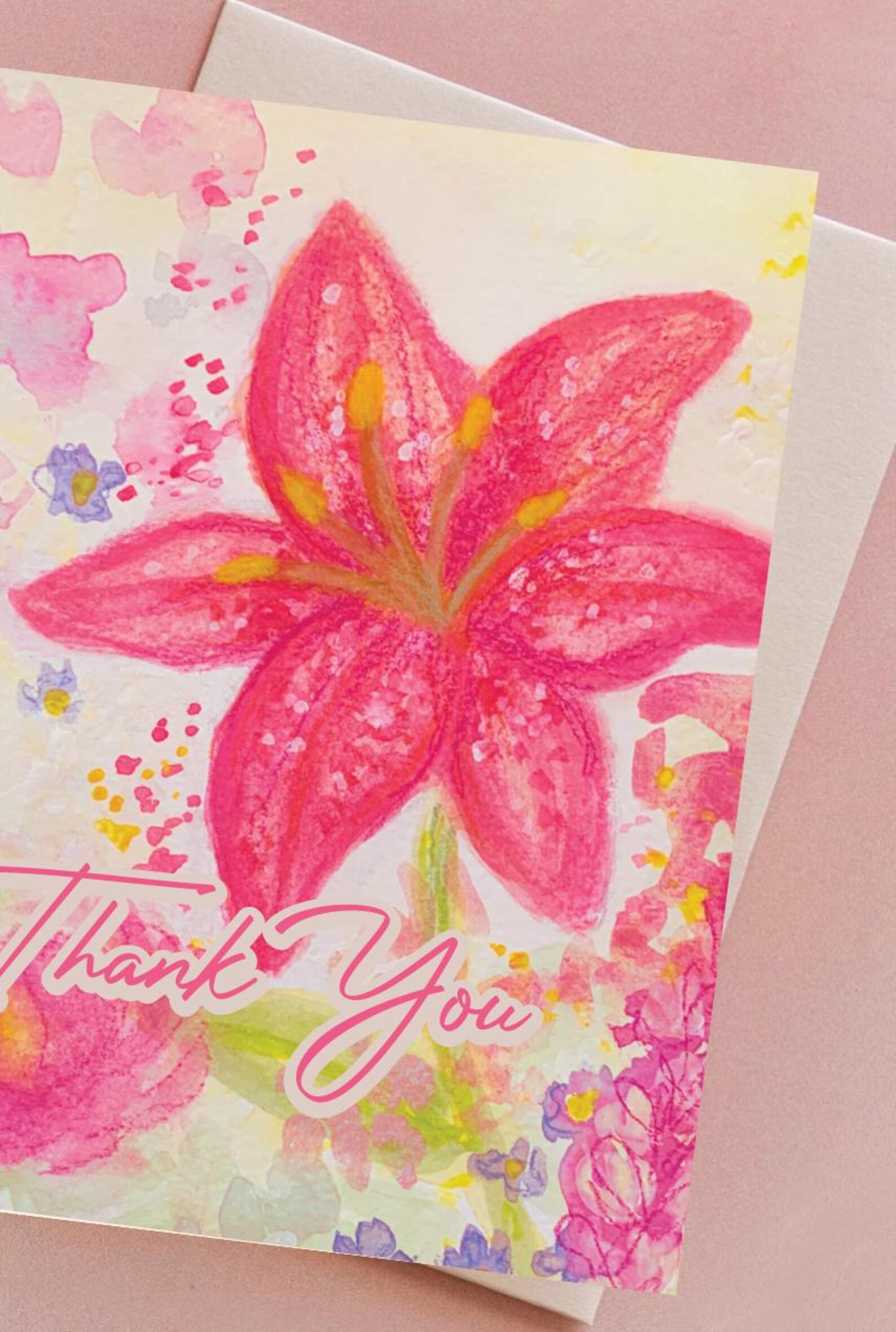 Pink Lily Thank You Card – Watercolor Floral Greeting Card – Elegant ...