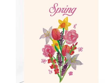 Spring Floral Card, Season of Renewal Greeting Card with Bouquet & Butterflies, Perfect for Easter, Birthday, or Mother's Day