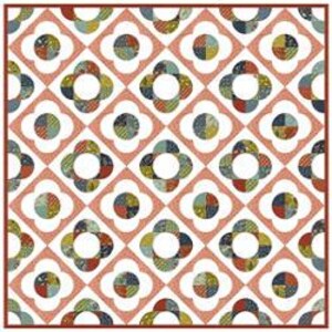 May include: A quilt pattern titled "Flower Child" by Melissa Corry. The quilt design features a repeating pattern of floral shapes in shades of white, peach, blue, green, and red. The text "preCut friendly in 4 sizes" is also visible.