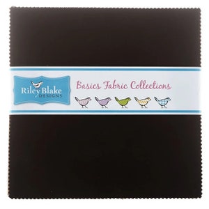 May include: A stack of dark brown fabric squares. A white and blue label across the top reads "Riley Blake Designs" and "Basics Fabric Collections." The label features illustrations of birds in various colors.