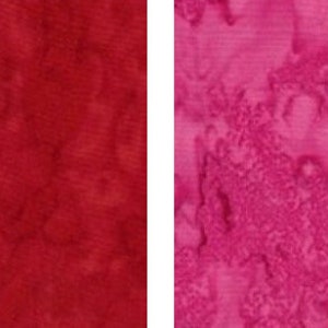 May include: Two fabric swatches, one a deep red with a subtle marbled pattern, the other a vibrant pink with a more pronounced marbled pattern.
