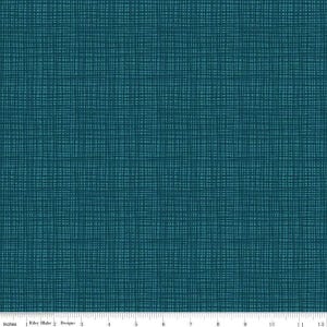 May include: Teal fabric with a crosshatch pattern. The fabric has a textured appearance, with a grid-like design of intersecting lines. The color is a deep teal, with subtle variations in tone. The fabric is measured in inches.