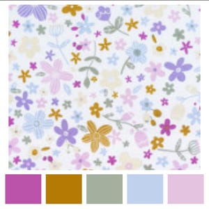 May include: A white background with a repeating pattern of pink, purple, blue, and yellow flowers. The flowers are outlined in black and have a simple, whimsical design.