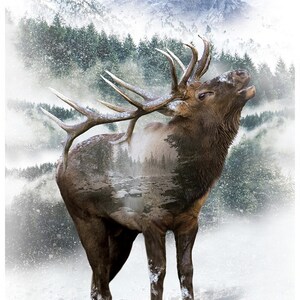 May include: A majestic elk stands in a snowy landscape, its antlers prominent against a backdrop of snow-covered mountains and evergreen trees. The elk's body features an overlay of a forest scene, creating a unique visual effect. The image evokes a sense of wilderness and nature.