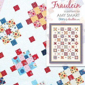 May include: A colorful quilt with a repeating pattern of squares in red, blue, yellow, and pink. The quilt features a floral and heart design. The image also includes a pattern cover with the title "Fraulein" and the designer's name.