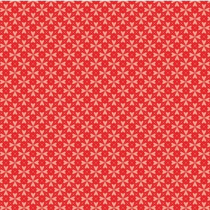 May include: A repeating pattern of red and light pink heart-shaped floral designs. The pattern is set against a solid red background, creating a visually appealing and symmetrical design. The hearts are arranged in a grid-like fashion.