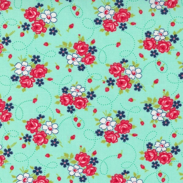 One fine day fabric collection Moda fabrics quilt store cotton florals, blender shapes and windowpanes teals with pink and red shades orange