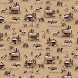 May include: A seamless pattern featuring a brown background with various woodland creatures, including moose, deer, bears, and cabins. The pattern is perfect for fabric, wallpaper, or other decorative projects.