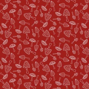 May include: A seamless pattern of white mushrooms on a red background. The mushrooms are drawn in a simple, doodle style.