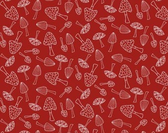 Red fabric with white Mushrooms outline/ collection / rustic modern / great blender, background, sashing / fabric sale