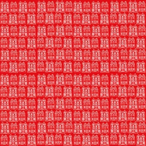 May include: A red background with a repeating pattern of white outlined houses. Each house has a roof, two windows, and a door.