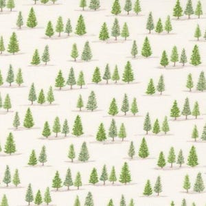 May include: A repeating pattern of green watercolor pine trees on a cream background. The trees vary in size and are arranged in small groups, creating a forest-like design. The overall aesthetic is simple and natural.