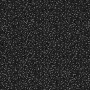 May include: A black background with a repeating pattern of small gray flowers and vines.