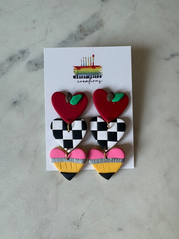 Teacher Earrings| pencil | Apple earrings| checkered earrings