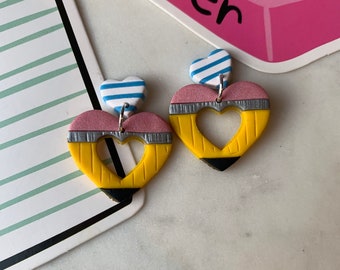 Pencil earrings| Heart earrings| Teacher earrings