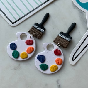 Art teacher earrings| paint brush and palette earrings| rainbow