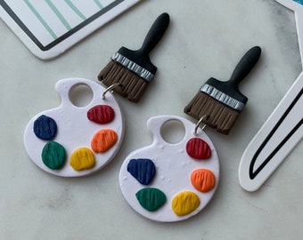 Art teacher earrings| paint brush and palette earrings| rainbow