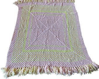 Vintage Afghan Pink Yellow Fringe Handmade Crocheted Chunky Knit Blanket 56"x47"