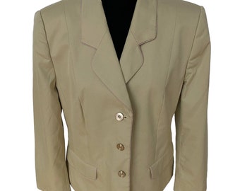 Vintage Louis Feraud Blazer Tan Pink Stitching Jacket Gold Buttons Women's Sz 12