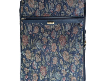 Vintage Jaguar Rolling Suitcase Floral Chic Luggage Navy Blue Red 28.5"x20.5"x9"
