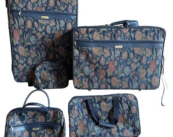 Vintage Jaguar Luggage Set 5 Pc Floral Chic Navy Blue Suitcase Bags Satchel