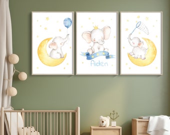 Custom Name Nursery Animals Digital Prints for Download, Elephant Nursery Decor, Neutral Elephant Nursery Wall Art, Safari Nursery Prints