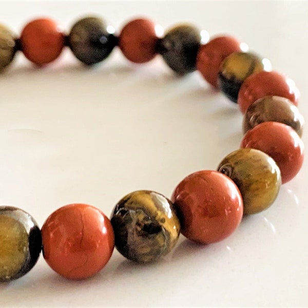 Chakra Bracelet | Red Jasper | Tiger's Eye | Stretch Bracelet | Healing Energy | Manifestation | Balance Protection Gift for Men Women | 8mm