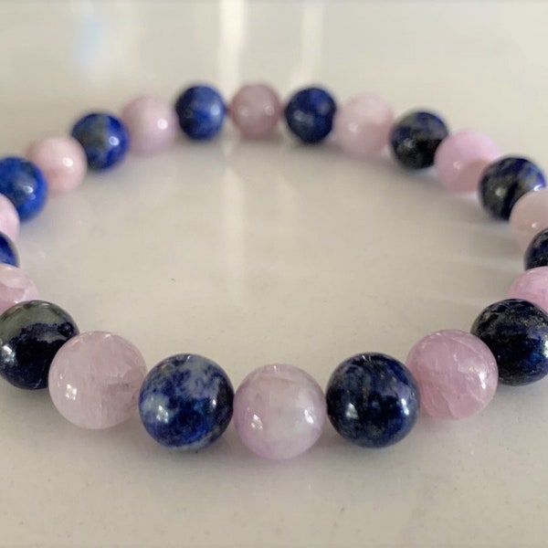 Chakra Bracelet | Kunzite | Lapis Lazuli | Stretch Bracelet | Healing Energy | Manifestation | Balance Protection Gift for Men Women | 8mm