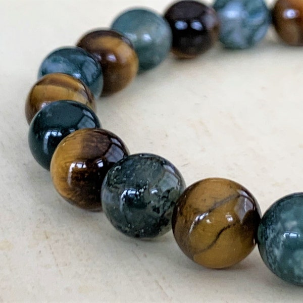 Chakra Bracelet | Tiger's Eye | Moss Agate | Stretch Bracelet | Healing Energy | Manifestation | Balance Protection Gift for Men Women | 8mm