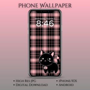 May include: A smartphone displays a pink and black plaid wallpaper with a black cat illustration wearing a pumpkin collar. The screen shows the date and time: Wednesday, October 1, 8:46. Text at the top reads "PHONE WALLPAPER".