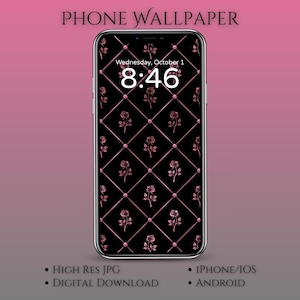 May include: A smartphone displays a black and pink floral wallpaper. The screen shows a grid pattern with pink roses and the time 8:46. The words "PHONE WALLPAPER" are at the top. The phone is set against a pink gradient background.