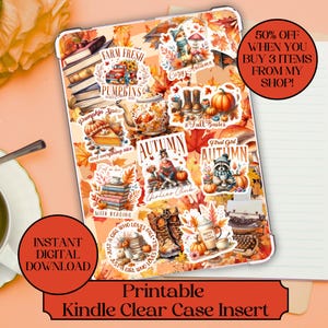 Può includere: Adesivi digitali stampabili per una custodia trasparente Kindle a tema autunnale. Gli adesivi includono immagini di zucche, foglie autunnali, libri, tazze da caffè e un procione. Il testo sugli adesivi include "Farm Fresh Pumpkins", "Pumpkin Spice", "Cozy Autumn", "#Fall Basics", "Feral Girl Autumn", "Girlies Club", "Just a girl who loves fall", e "With Reading".