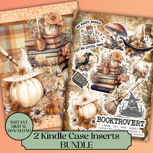 May include: Two digital printable Kindle case inserts featuring a witchy autumn theme with pumpkins, books, and a witch's hat. The text "SO MANY BOOKS SO LITTLE TIME" and "BOOKTROVERT" is included in the design.