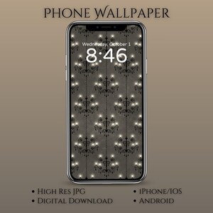 May include: A smartphone displays a digital wallpaper with a repeating pattern of black chandelier designs on a textured gray background. The time is 8:46 on Wednesday, October 1. The words "PHONE WALLPAPER" are at the top.