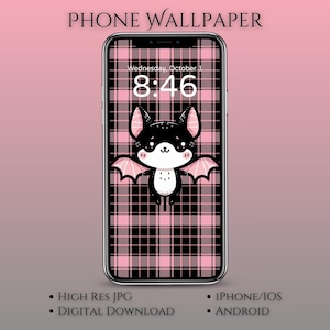 May include: A smartphone displaying a phone wallpaper with a cute cartoon bat on a pink and black plaid background. The time reads 8:46 on Wednesday, October 1. The words "PHONE WALLPAPER" are at the top. The image is a high-resolution JPG digital download for iPhone/iOS and Android.