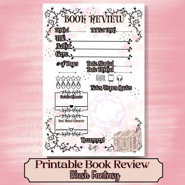 Book Review Printable Pastel Fantasy Book Lover Gift Librarian Pink Coquette Aesthetic Notes Bookish Merch Accessories Digital Download JPG