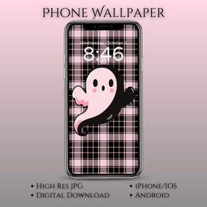 May include: A smartphone displaying a digital phone wallpaper. The wallpaper features a pink and black plaid pattern with a cartoon ghost. The time displayed is 8:46 on Wednesday, October 1. Text at the top reads "PHONE WALLPAPER".