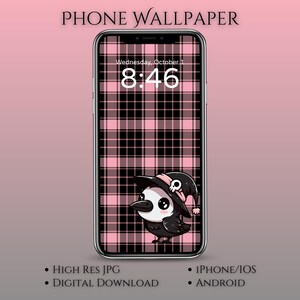 May include: A smartphone displaying a pink and black plaid wallpaper with a cartoon raven wearing a witch hat. The screen shows the time as 8:46 on Wednesday, October 1. Text at the top reads "PHONE WALLPAPER".