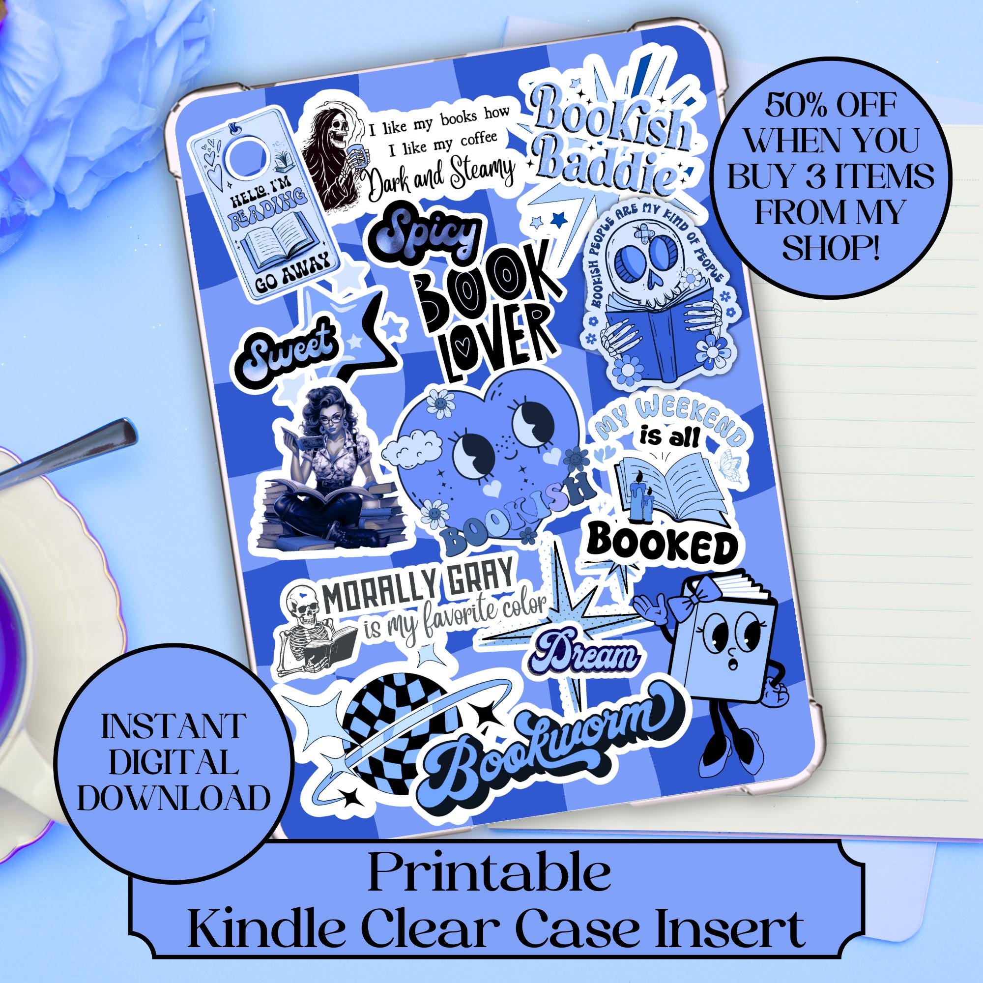 Kindle Case Paperwhite, Basic, Oasis Clear Case Insert Stickers Printable for eReader Book Lover Gift Academia Bookish Merch Blue Accessory