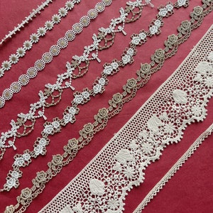 Narrow and wide lace & border, various floral patterns, tendrils, daisies - fine white with gold thread or natural, cream, beige