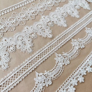 Fine romantic narrow and wide lace & trim, white, floral tendrils polkadot - ideal for weddings