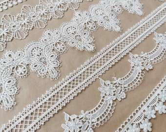 Fine dentelle et bordure romantiques étroites et larges, blanc, vrilles florales à pois - idéal pour les mariages