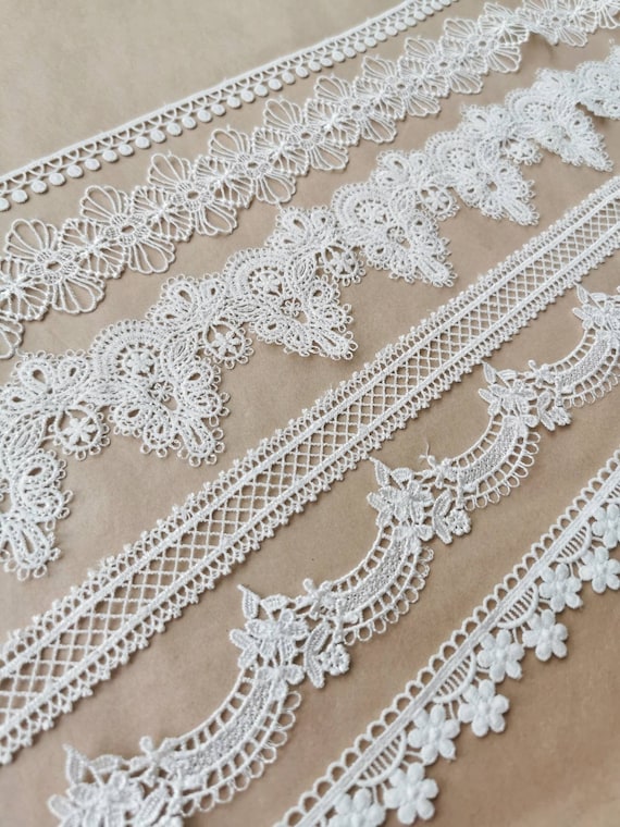 Fine Romantic Narrow and Wide Lace & Trim, White, Floral Tendrils
