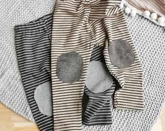 Pantalon bébé bambin à quatre pattes 7-15 mois 73-90 cm avec genouillères, jersey côtelé rayé unisexe - gris foncé et marron
