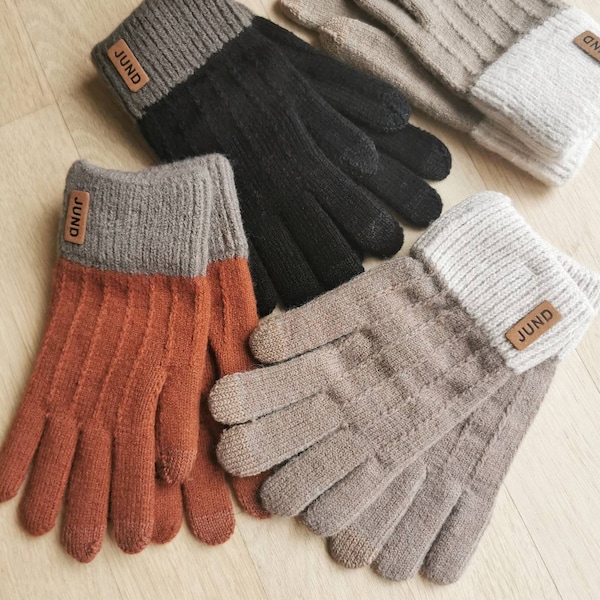 Schlichte zeitlose Damen Handschuhe für Herbst/Winter, dehnbar & warm, mit Touchscreen-Finger in Uni-Farben braun, natur, schwarz