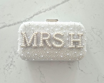 Personalised Pearl Bride Clutch Bag, Custom Name Wedding Accessory, Hen do bag