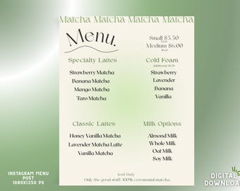 Minimalistic Matcha Menu Template | Café Style INSTA Digital Menu CANVA Editable | Matcha Bar Printable Menu | Green Tea Aesthetic Design |