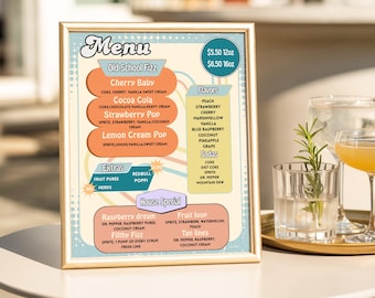Plantilla de menú de refrescos retro (8 x 10) / Plantilla de menú de bebidas editable en CANVA / Letrero imprimible de refrescos sucios / Decoración para tiendas de refrescos o fiestas (2025)